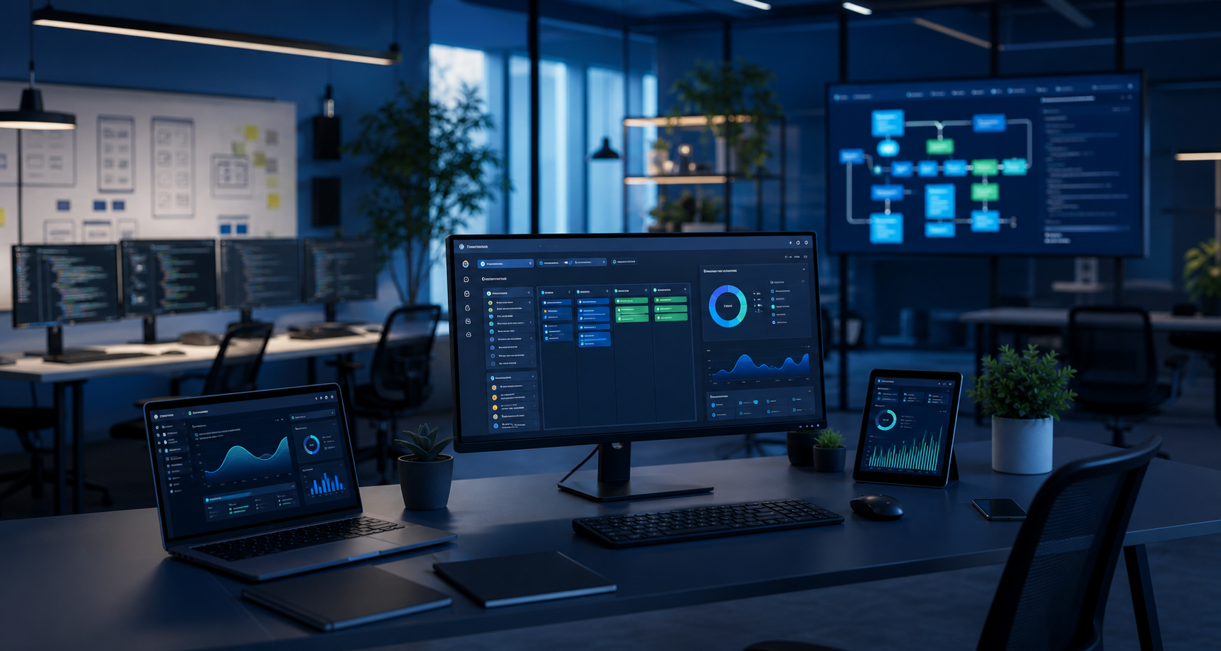 Ambiente moderno de desenvolvimento de software com dashboards e interfaces SaaS